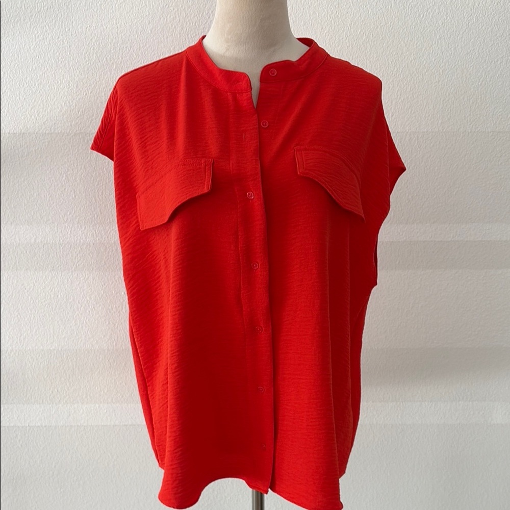 Women's Orangey Red Button-Up Sleeveless Blouse Top